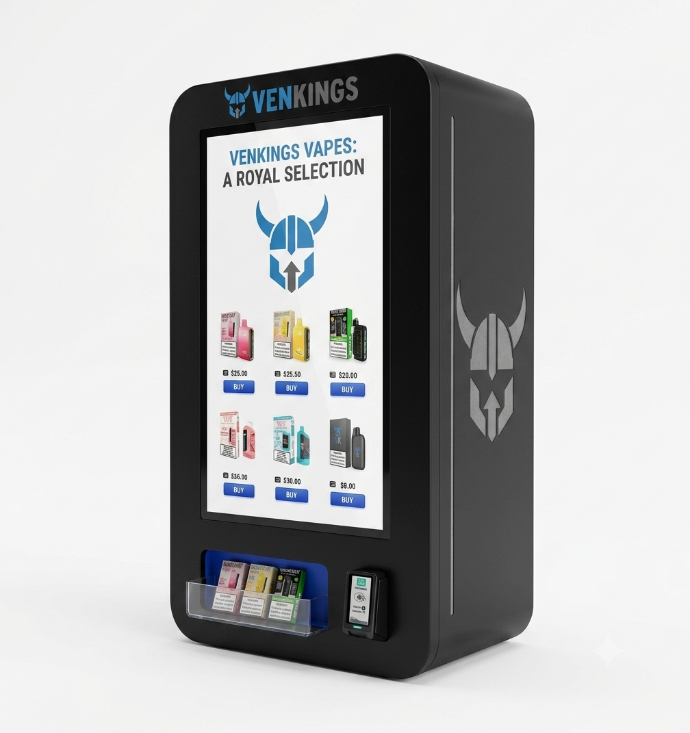 The Venkings Countertop — compact 21+ vape vending unit with vertical touchscreen, BUY buttons, and product dispensing tray