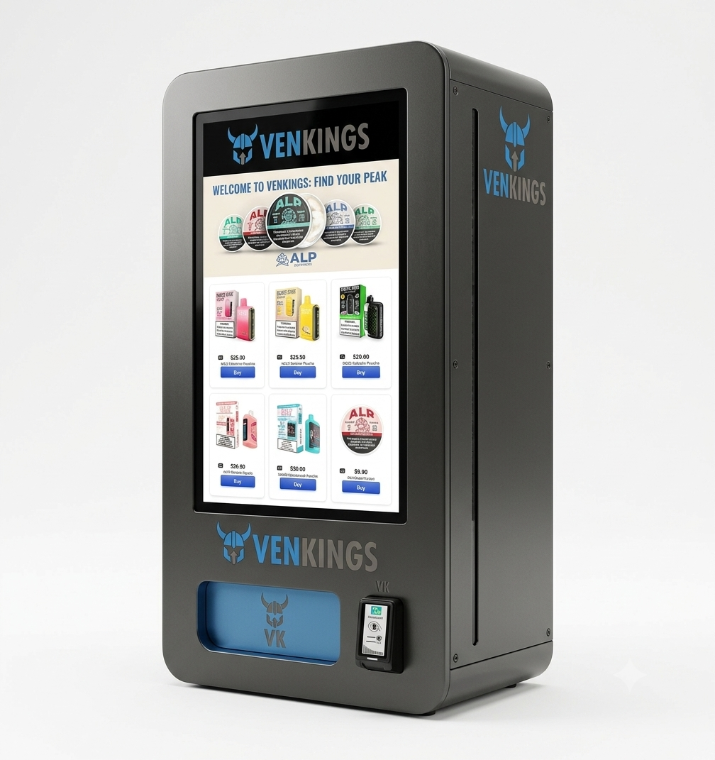 The Venkings Standard — full-height slate machine with vape products and ALP nicotine pouches, branded VENKINGS top and side