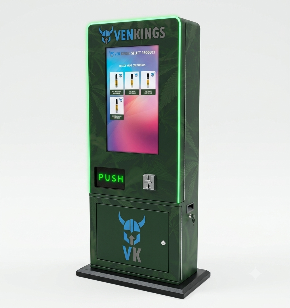 The Venkings Dispensary — green cannabis-leaf wrapped machine with green LED edge lighting, vape cartridge selection screen, and locked secure bottom cabinet