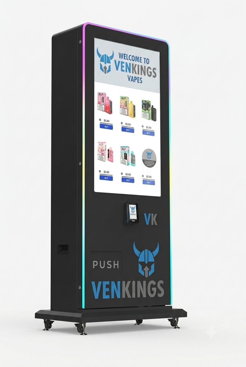The Venkings Event Rig — free-standing black machine with rainbow RGB LED edge lighting, casters for mobility, big VK and VENKINGS branding, vape products on screen